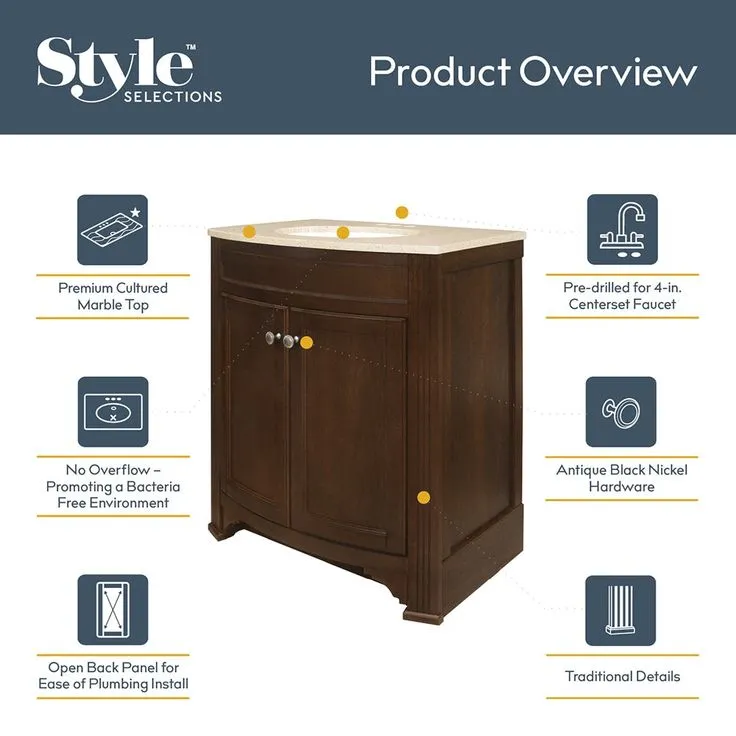 Style Selections Delyse 30-in Auburn Single Sink Bathroom Vanity with Cappuccino Solid Surface Top, photo 2 of 10