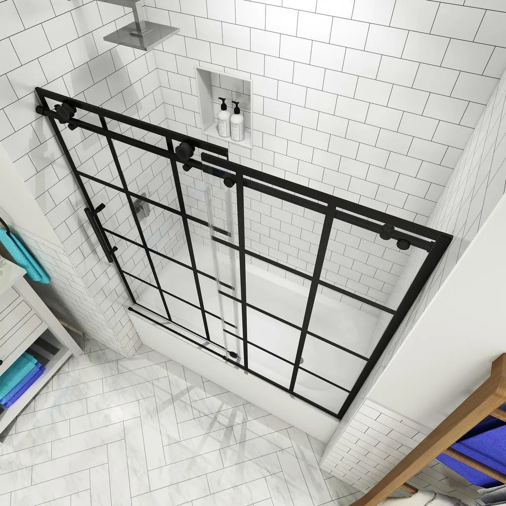 Kamaya 56 - 60 in. x 60 in. Completely Frameless Sliding Tub Door in Matte Black, Left Opening, photo 2 of 8