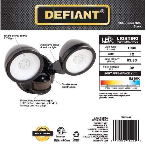 Defiant 180° Black Motion Activated Outdoor Integrated LED Twin Head Flood Light, photo 8 of 9