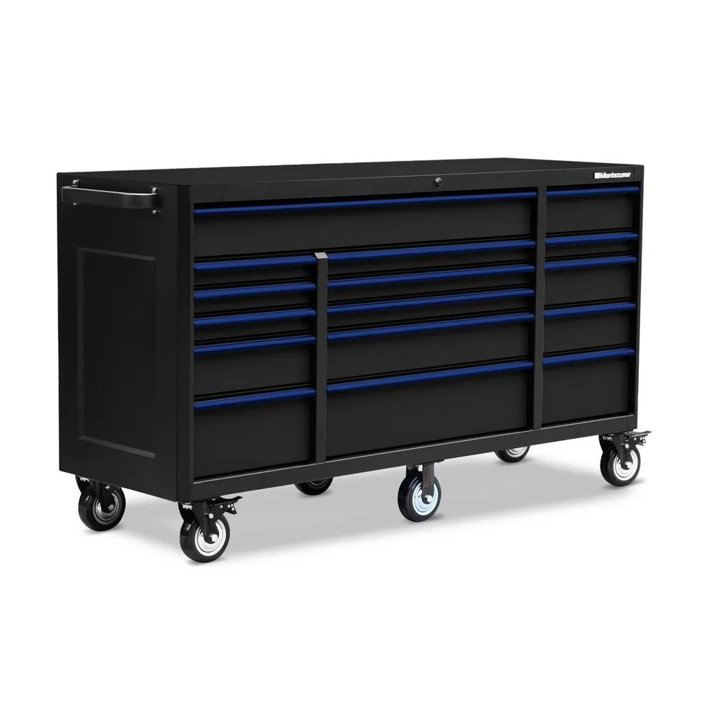 Montezuma 72 in. x 24 in. 16-Drawer Roller Cabinet Tool Chest with Power and USB Outlets in Black and Blue, photo 4 of 11
