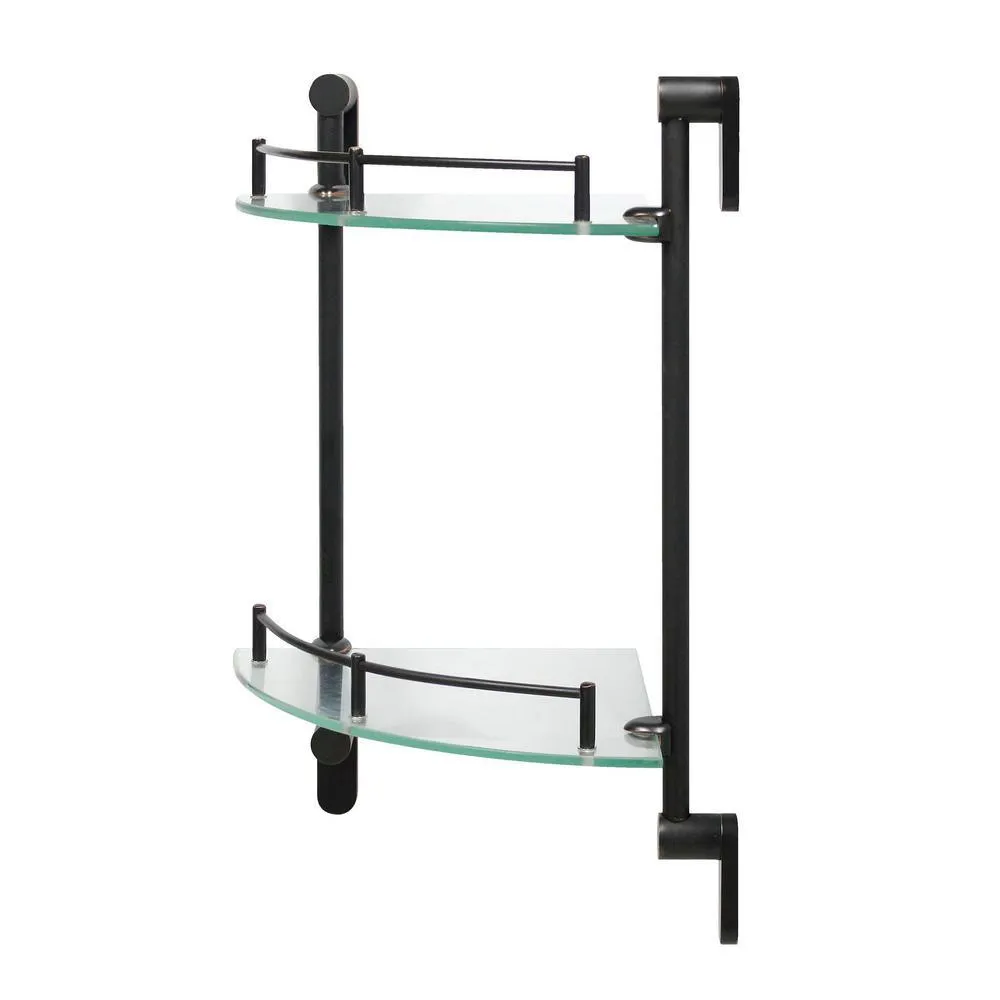 MODONA Oval 10.5 in. W Double Glass Corner Shelf with Pre-Installed Rails in Rubbed Bronze, photo 3 of 7