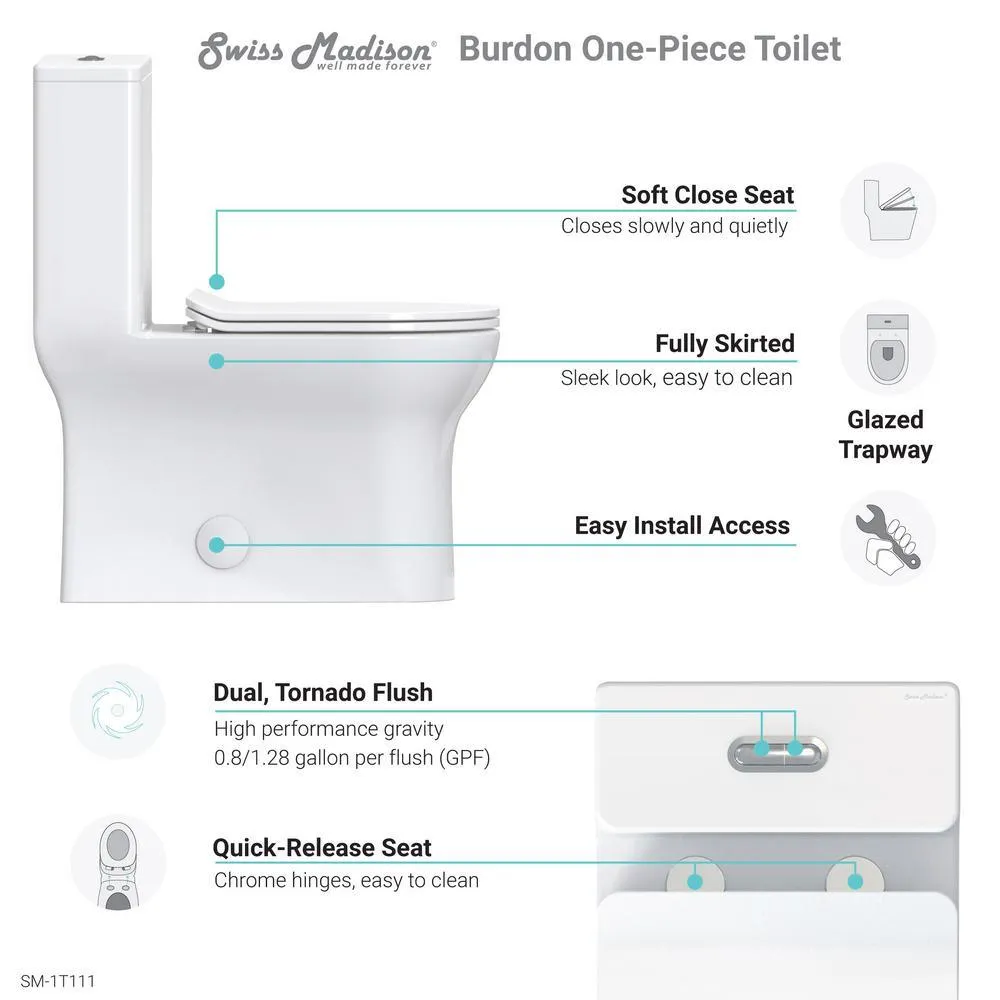 Swiss Madison Burdon 1-Piece 0.8/1.28 GPF Dual Flush Square Toilet in White, Seat Included, photo 7 of 12