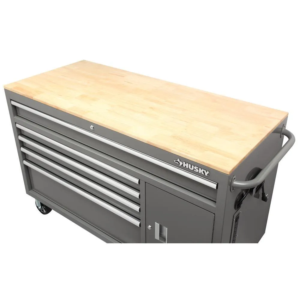 56 in. W x 24.5 in. D 5-Drawer 1-Door Tool Chest Mobile Workbench with Solid Wood Top in Matte Gray, photo 4 of 20