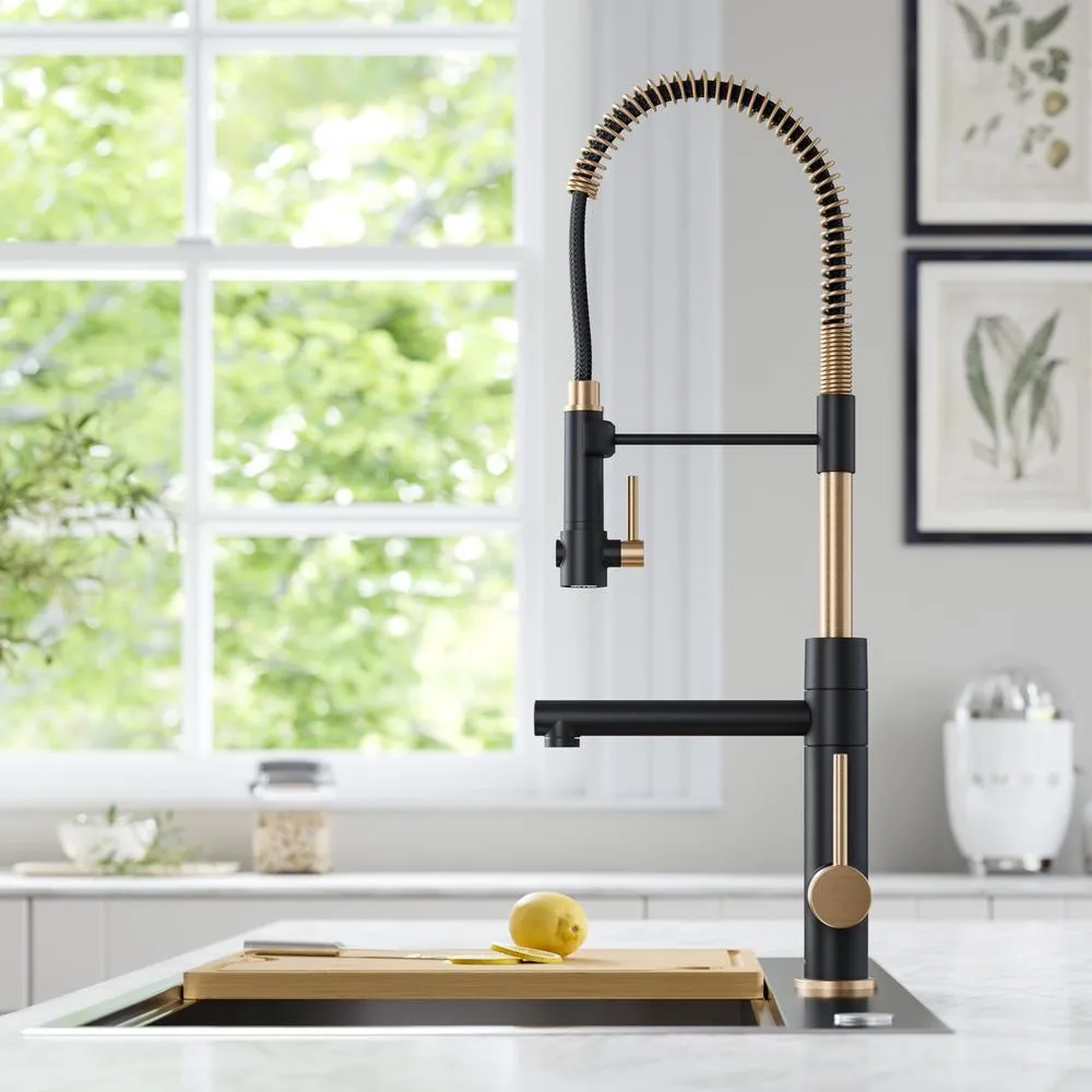 Single-Handle Kitchen Faucet with Pre-Rinse Sprayer and Pot Filler in Spot Free Antique Champagne Bronze/Matte Black, photo 2 of 9