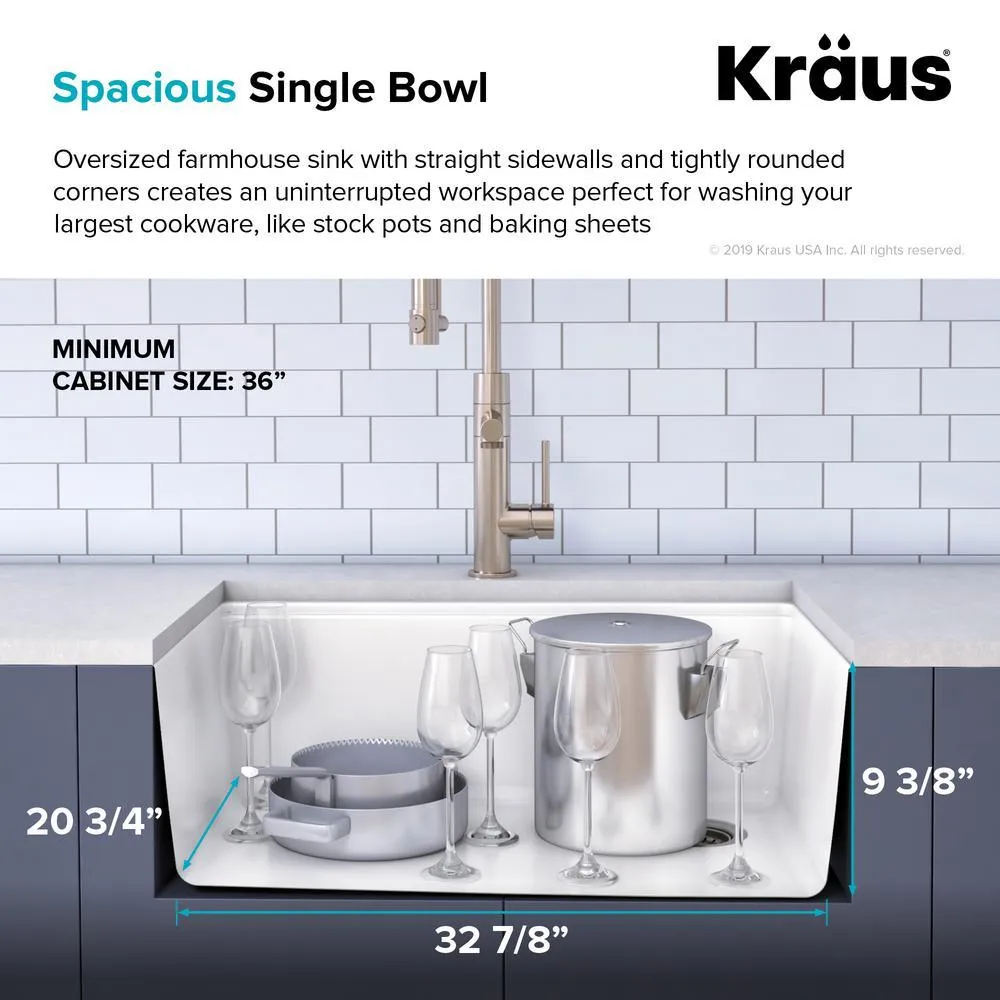 Bellucci 33in. CeramTek Granite/Quartz Composite Farmhouse ApronFront Single Bowl Kitchen Sink w/ Cutting Board in White, photo 8 of 16