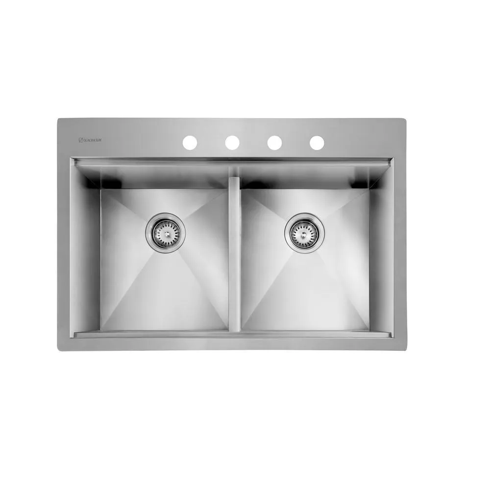 All-in-One Drop-In Stainless Steel 33 in. 4-Hole 50/50 Double Bowl Workstation Sink with Faucet and Accessories Kit, photo 7 of 12