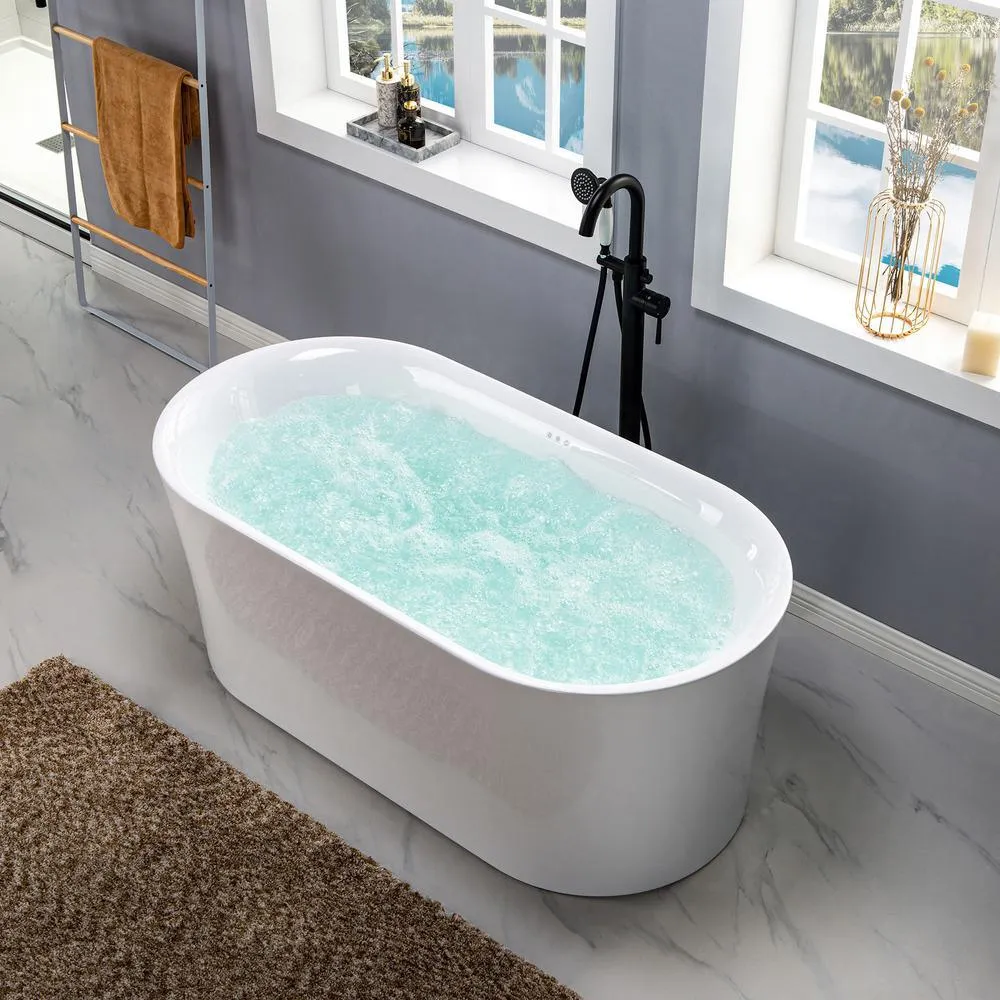 WOODBRIDGE Tion 59 in. Acrylic Freestanding Double-Ended Air Bath Bathtub with Chrome Drain and Overflow, White, photo 11 of 18