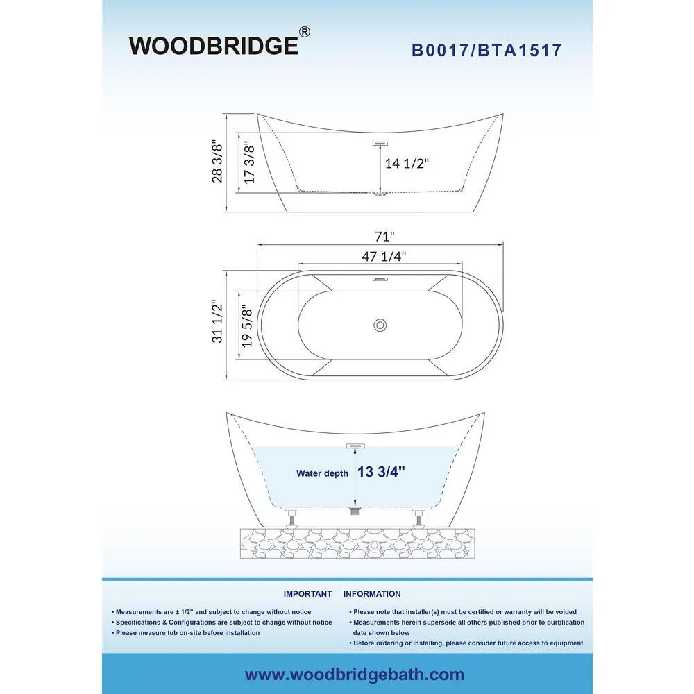 WOODBRIDGE Oviedo 71 in. Acrylic Freestanding Double Slipper Flat Bottom Soaking Bathtub with Drain and Overflow, White, photo 6 of 9