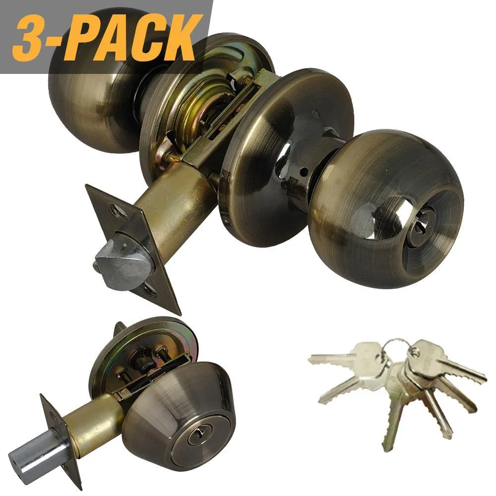 Stainless Steel Entry Door Knob Combo Lock Set with Deadbolt and 18 Keys Total, (3-Pack, Keyed Alike), photo 5 of 6