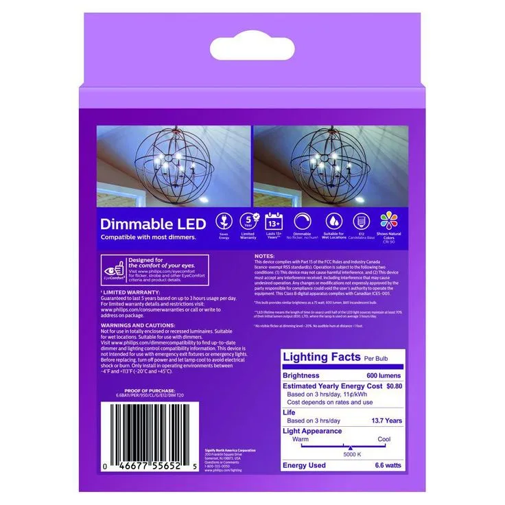 Philips 75-Watt Equivalent BA11 Dimmable Edison Glass LED Candle Light Bulb Bent Tip Candelabra Base Daylight (5000K) (12-Pack), photo 4 of 7