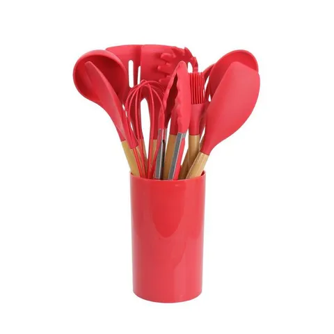 Red Silicone and Wood Cooking Utensils (Set of 12)