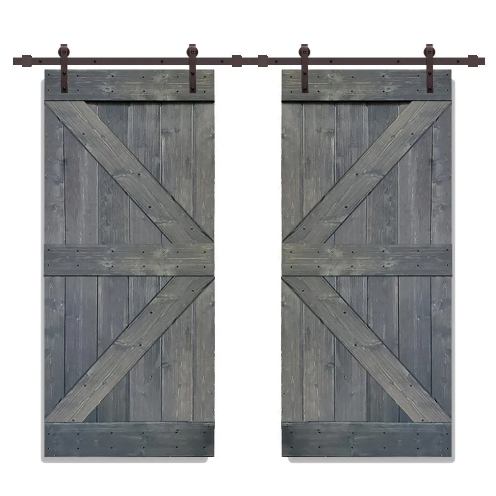 CALHOME Distressed K Series 36 in. x 84 in. White Stained Solid Pine Wood Double Interior Sliding Barn Door with Hardware Kit, photo 5 of 7