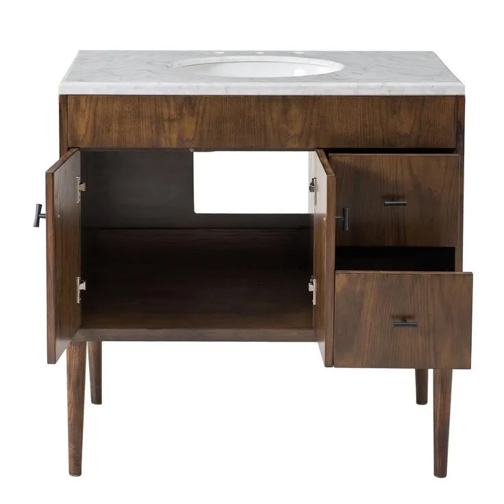 Wyatt 36 in. W x 22.05 in. D x 35.75 in. H Brown Single Sink Bathroom Vanity with White Carrara Marble Vanity Top, photo 3 of 6