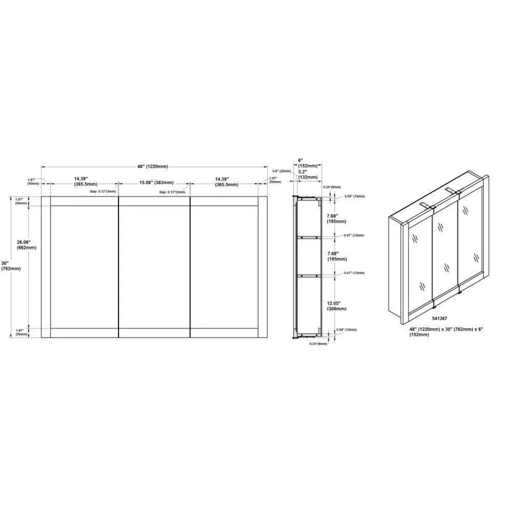 Ventura 48 in. W x 30 in. H x 6 in. D Framed Tri-View Surface-Mount Bathroom Medicine Cabinet in Espresso, photo 4 of 11