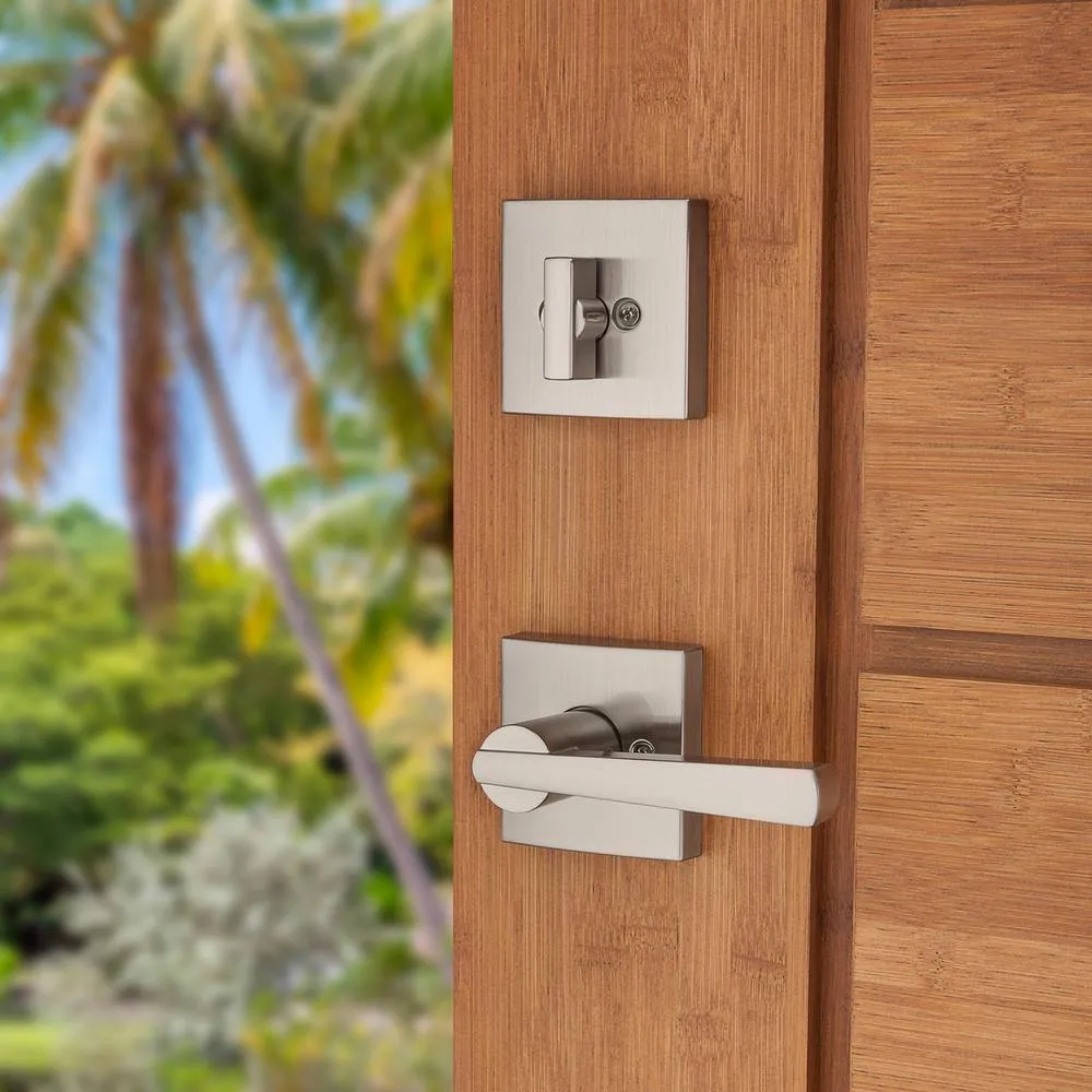 Prestige Spyglass Single Cylinder Satin Nickel Door Handleset with Square Spyglass Door Lever Feat SmartKey Security, photo 11 of 16
