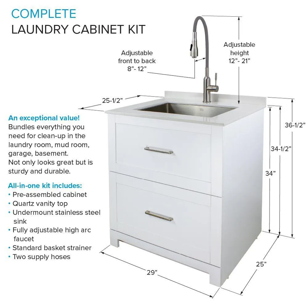 Transolid All-in-One 29 in. W x 25.5 in. D Stainless Steel Undermount Laundry/Utility Sink and White Cabinet with Quartz Top and Faucet, photo 6 of 20