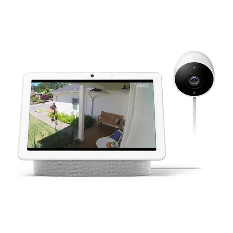 Nest Hub Max in Chalk and Nest Cam Outdoor Security Camera