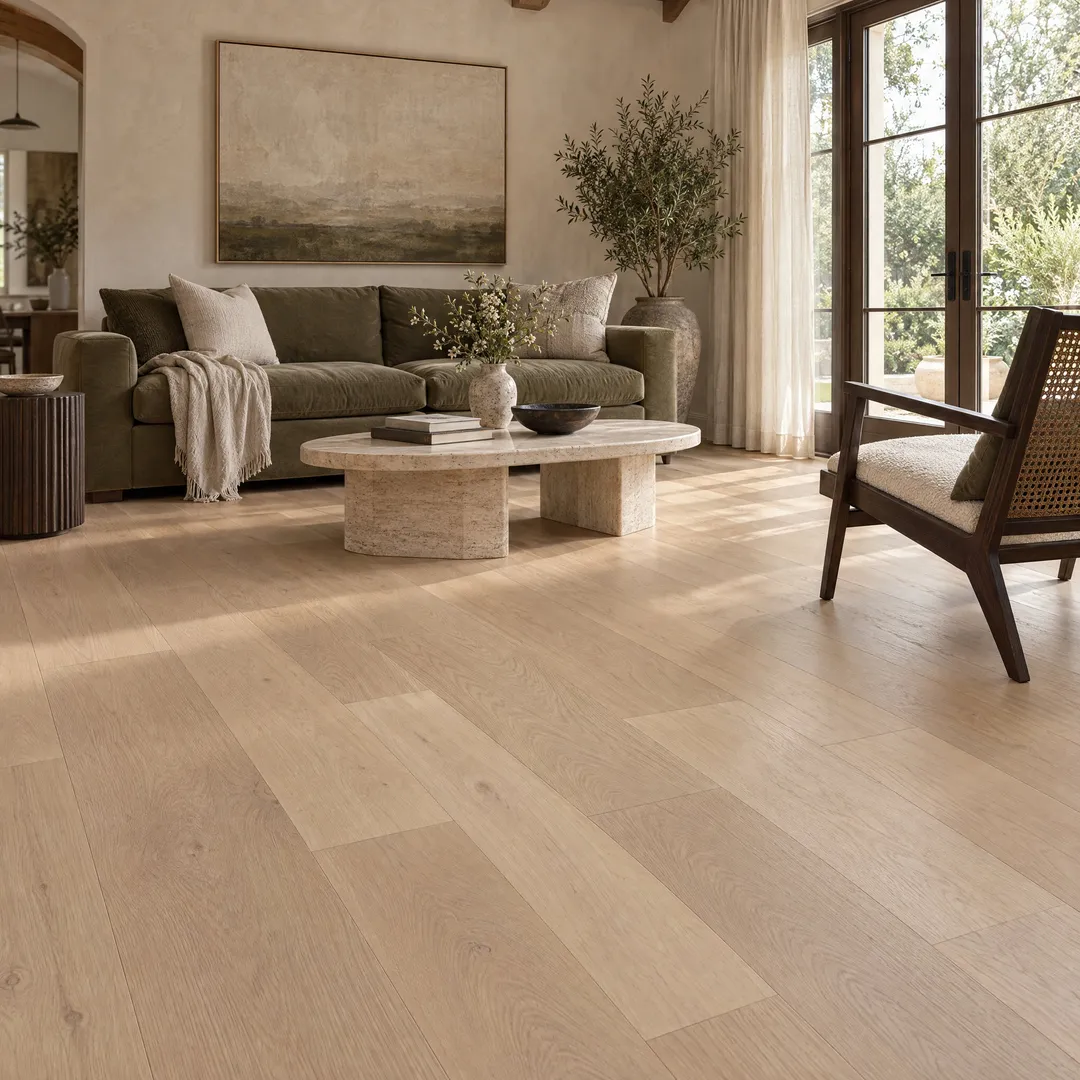 CALI Cellar Blanc de Blanc European white oak 1/2-in T x 7-55/64-in W Wirebrushed Engineered Hardwood Flooring ( 31-sq ft / Carton ), in a room, photo 2 of 2