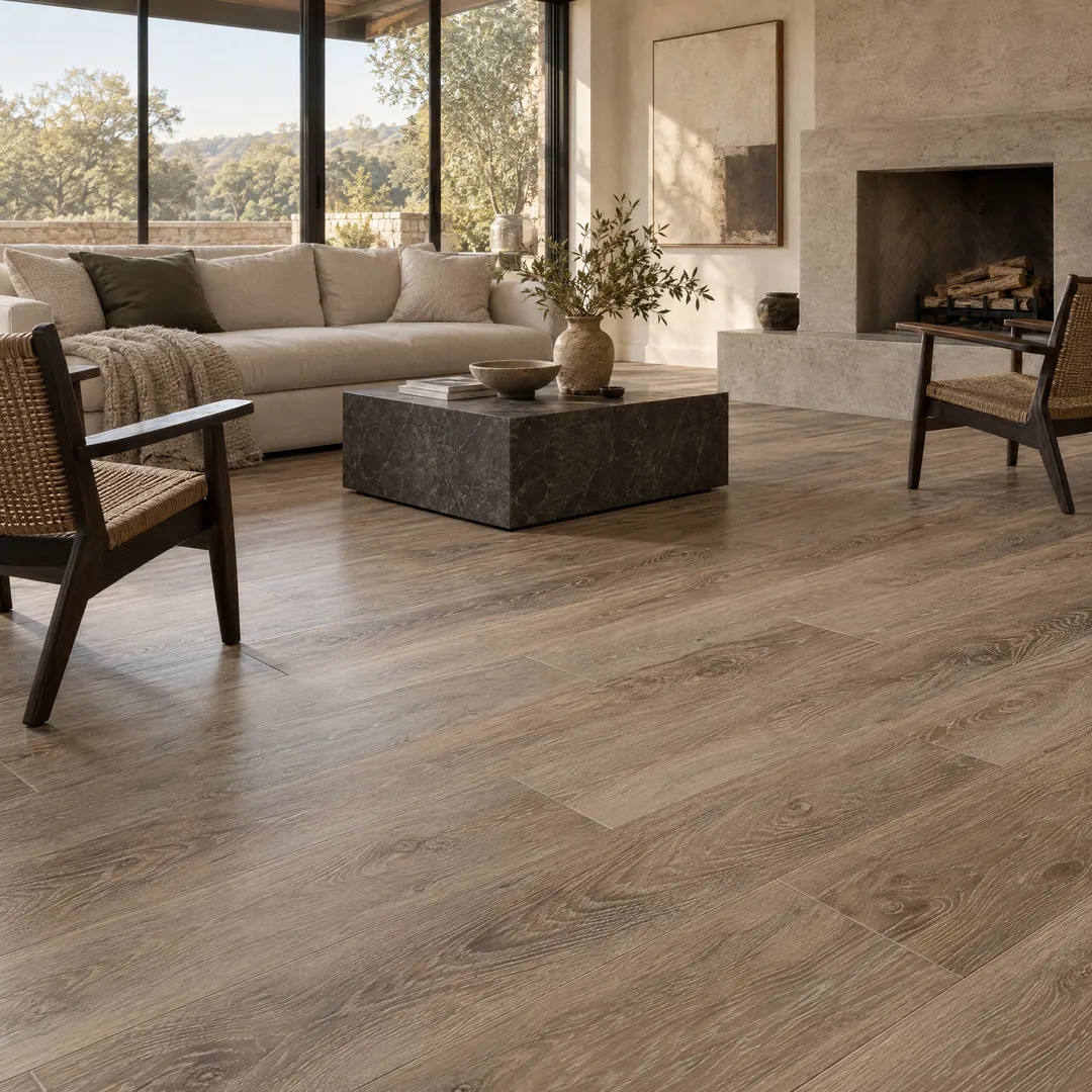 CALI Mute step Dockwood Oak Brown 20-mil x 7-in W x 48-in L Waterproof Interlocking Luxury Vinyl Plank Flooring (24.03-sq ft/ Carton), in a room, photo 2 of 2