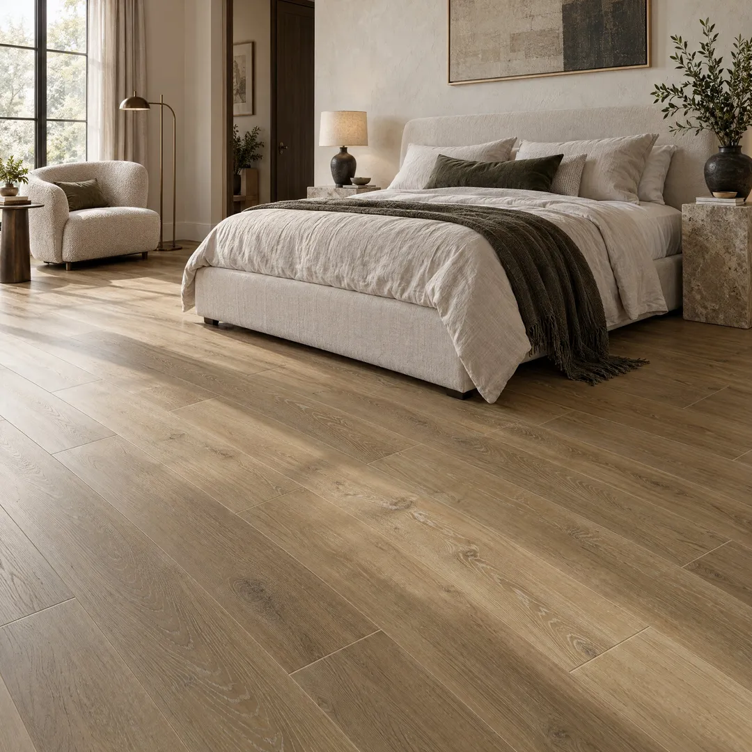 CALI Legends Golden Hour Oak 12-mm x 9-in W x 60-in L Water Resistant Interlocking Luxury Vinyl Plank Flooring (22.44-sq ft/case), in a room, photo 2 of 2