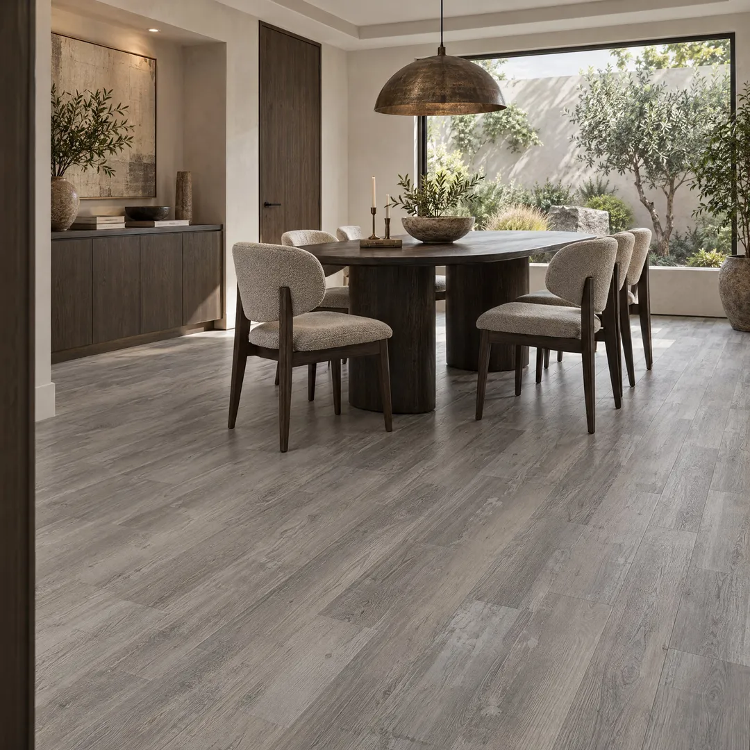 CALI Aqua Tough Premium Gray Ash Waterproof Luxury Vinyl Plank Flooring - 23.77 sq ft Carton, in a room, photo 2 of 2