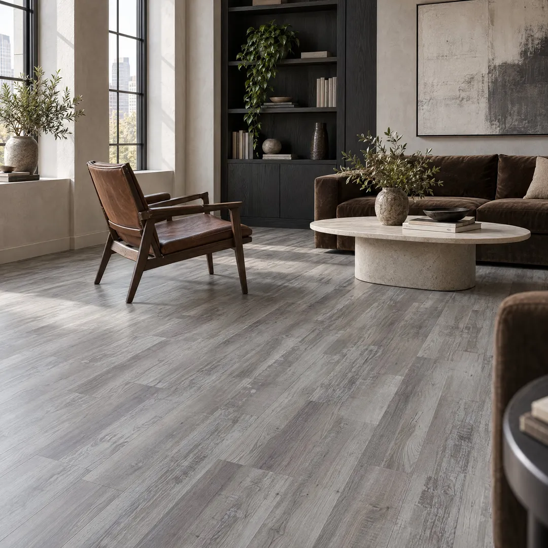 CALI Pro Classic Gray Ash 5.5-mm x 7-in W x 48-in L Waterproof Interlocking Luxury Vinyl Plank Flooring (23.77-sq ft/case), in a room, photo 2 of 2