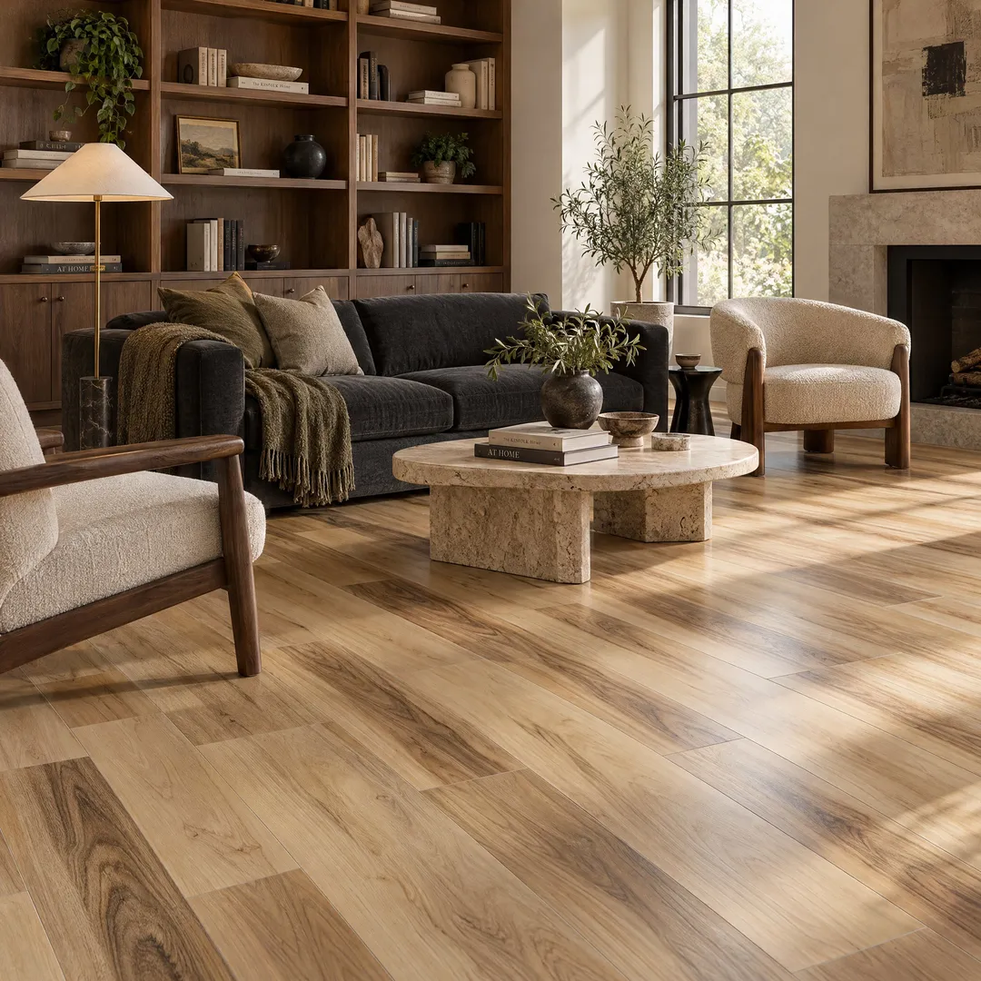 CALI Vinyl Pro with Mute Step Huntington Hickory – 7 in. W x 6.5 mm T Waterproof Interlocking Luxury Vinyl Plank Flooring (24.03 sq. ft./case), in a room, photo 2 of 2