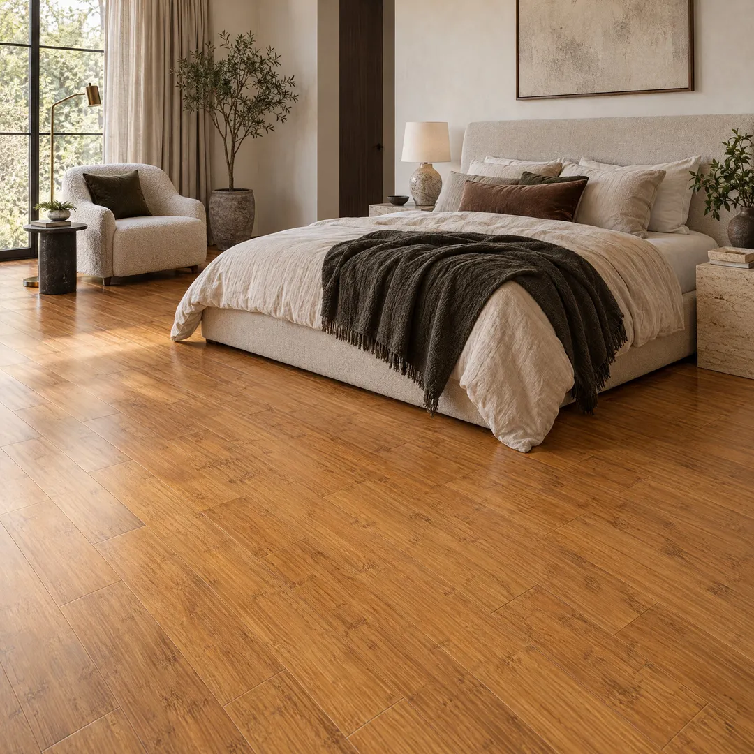 CALI Fossilized Mocha Bamboo 5-5/16-in W x 9/16-in T x 72-in Smooth/Traditional Engineered Hardwood Flooring (21.5-sq ft / Carton), in a room, photo 2 of 2
