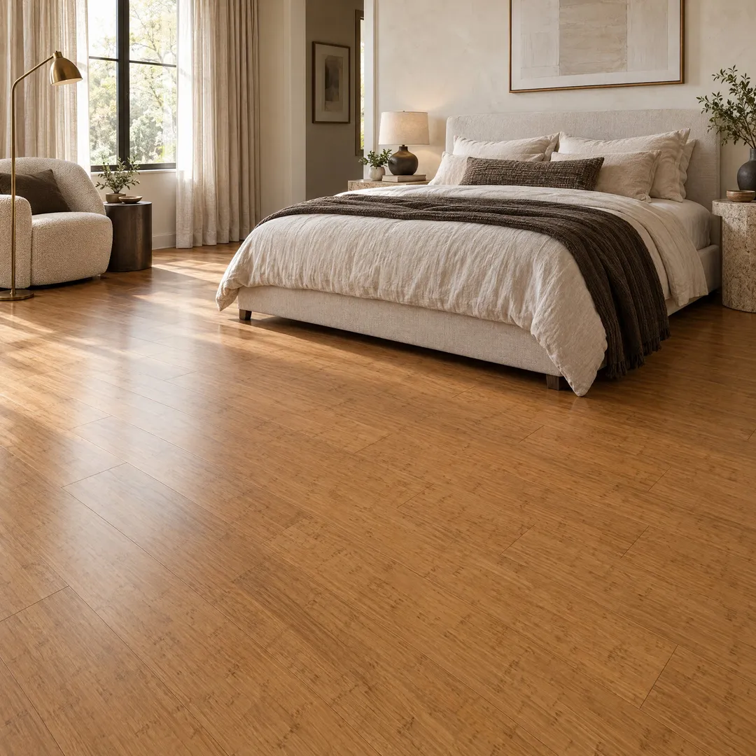 CALI Fossilized Mocha Bamboo 5-1/8-in W x 9/16-in T x 72-in Smooth/Traditional Solid Hardwood Flooring (25.61-sq ft / Carton), in a room, photo 2 of 2