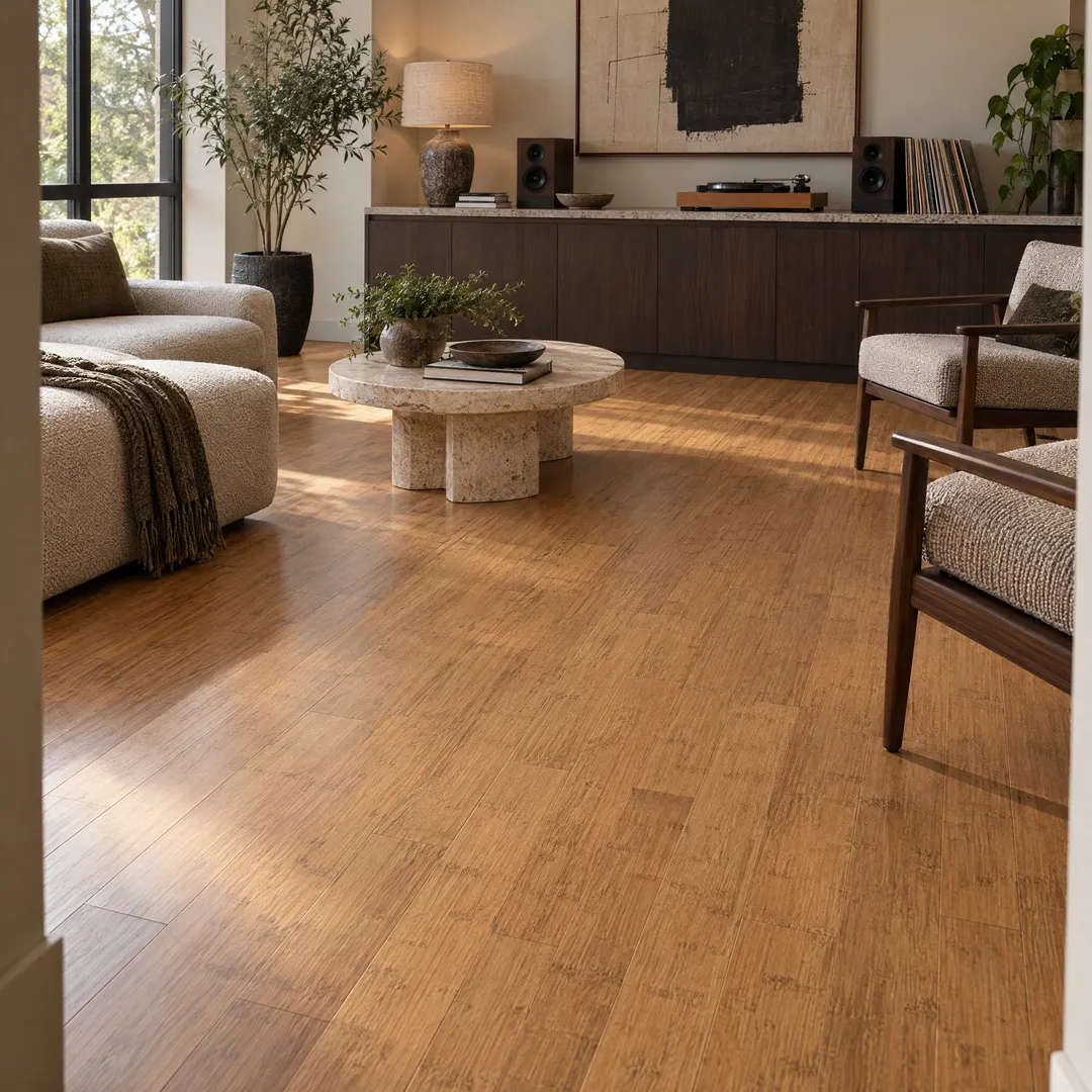 CALI Fossilized Mocha Bamboo 5-in W x 9/16-in T x 72-in Smooth/Traditional Solid Hardwood Flooring (19.91-sq ft / Carton), in a room, photo 2 of 2