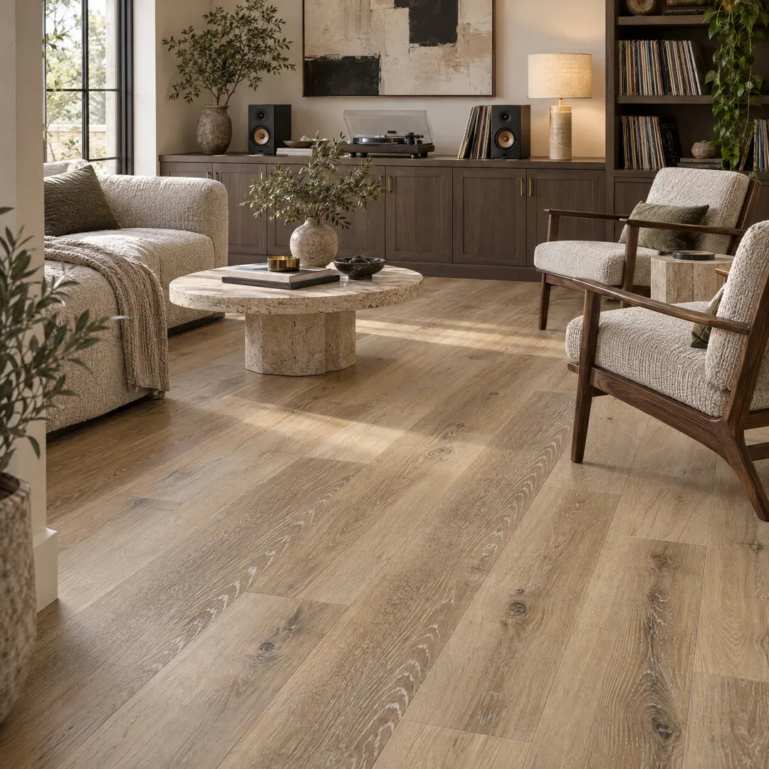 CALI vinyl mute step Natural Elm 6.5-mm x 7-in W x 48-in L Water Resistant Luxury Vinyl Plank Flooring (24.03-sq ft/case), in a room, photo 2 of 2