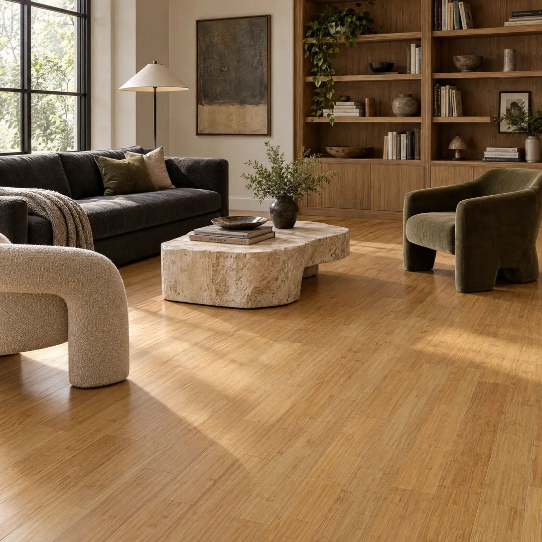 CALI Fossilized Natural Bamboo 5-3/8-in W x 9/16-in T x 72-in Smooth/Traditional Solid Hardwood Flooring (27.01-sq ft / Carton), in a room, photo 2 of 2