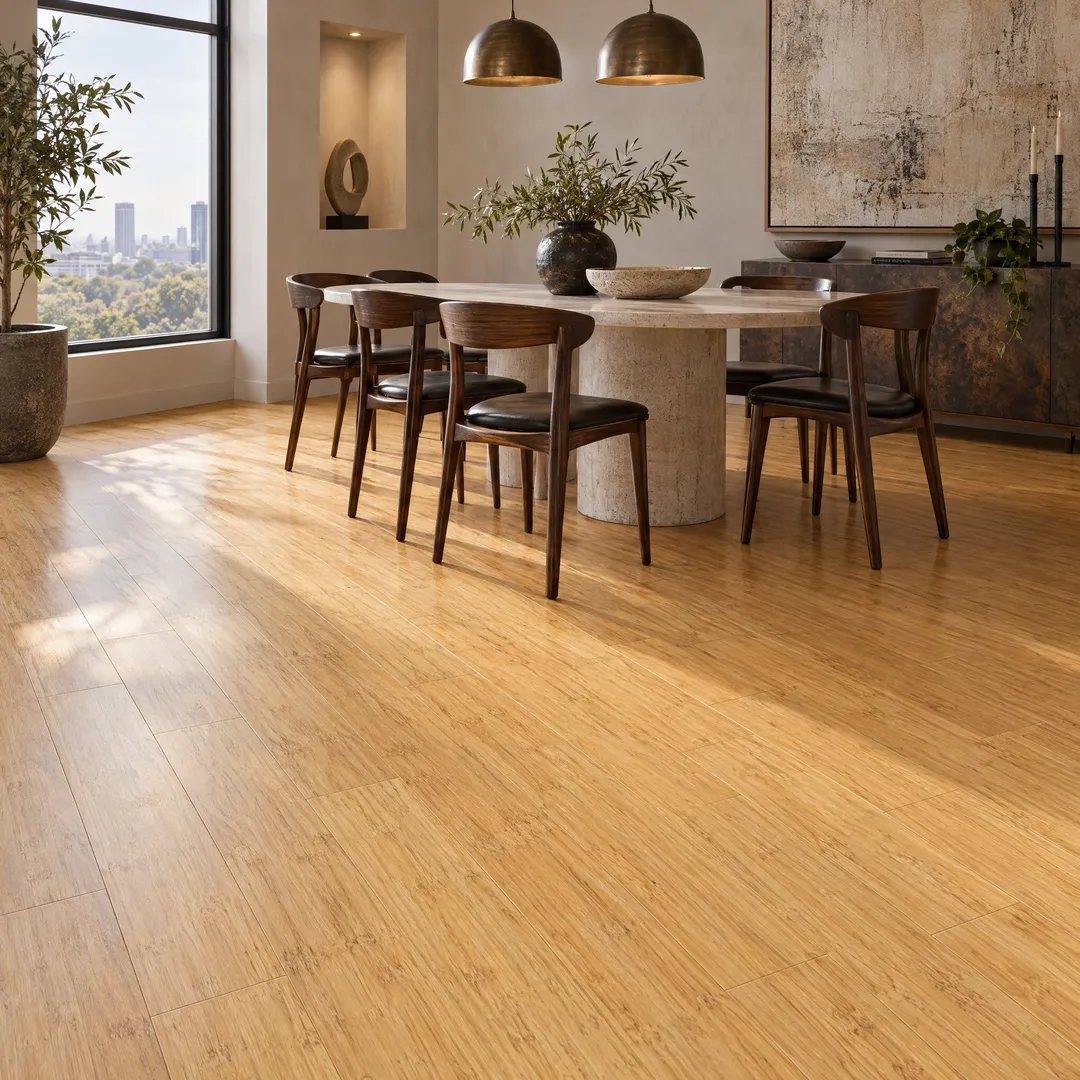 CALI Fossilized Natural Bamboo 5-5/16-in W x 9/16-in T x 72-in Smooth/Traditional Engineered Hardwood Flooring (21.5-sq ft / Carton), in a room, photo 2 of 2