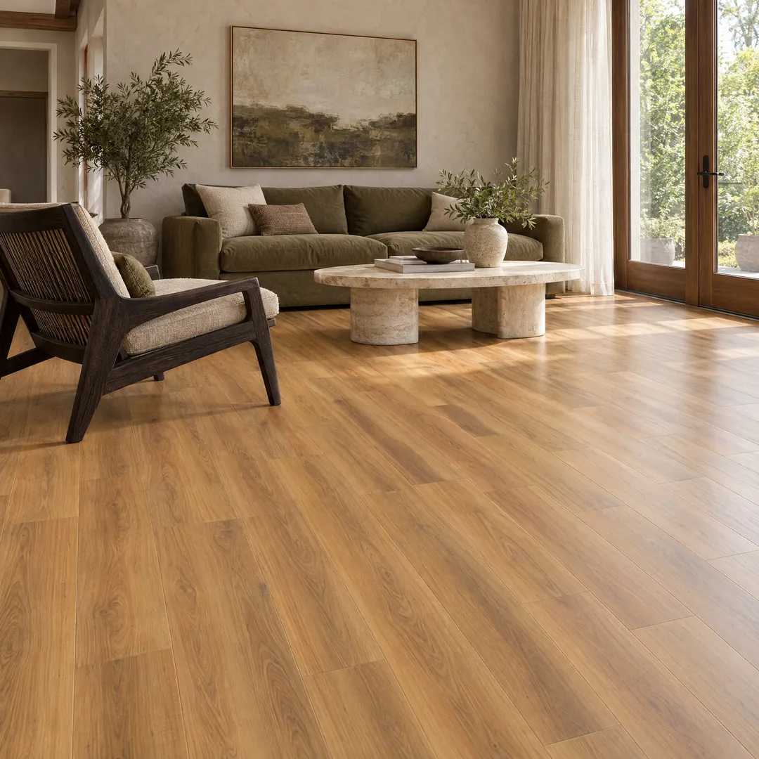 CALI Mute Step New Horizon Teak 6.5-mm x 7-in W x 48-in L Waterproof Luxury Vinyl Plank Flooring (24.03-sq ft/case), in a room, photo 2 of 2