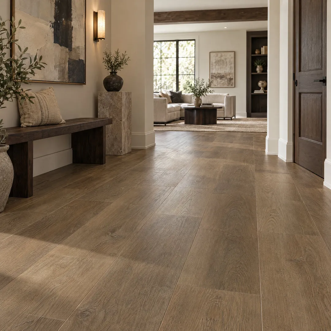 CALI Legends Outrigger Oak 12-mm x 9-in W x 60-in L Water Resistant Interlocking Luxury Vinyl Plank Flooring (22.44-sq ft/case), in a room, photo 2 of 2