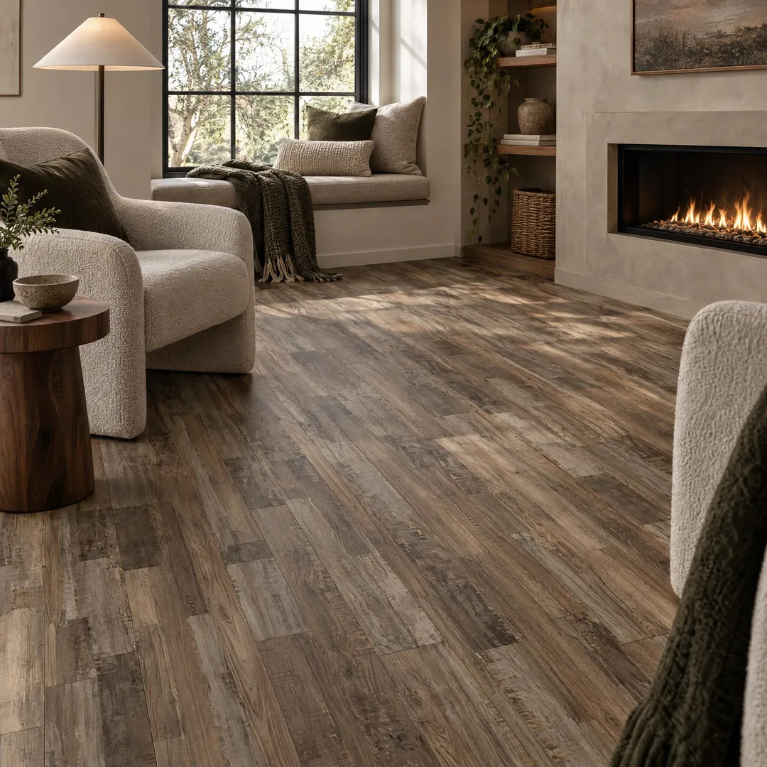 CALI Vinyl Pro Classic Redefined Pine 7-in W x 48-in L x 5.5-mm Waterproof Interlocking Luxury Vinyl Plank Flooring (23.77-sq ft/carton), in a room, photo 2 of 2