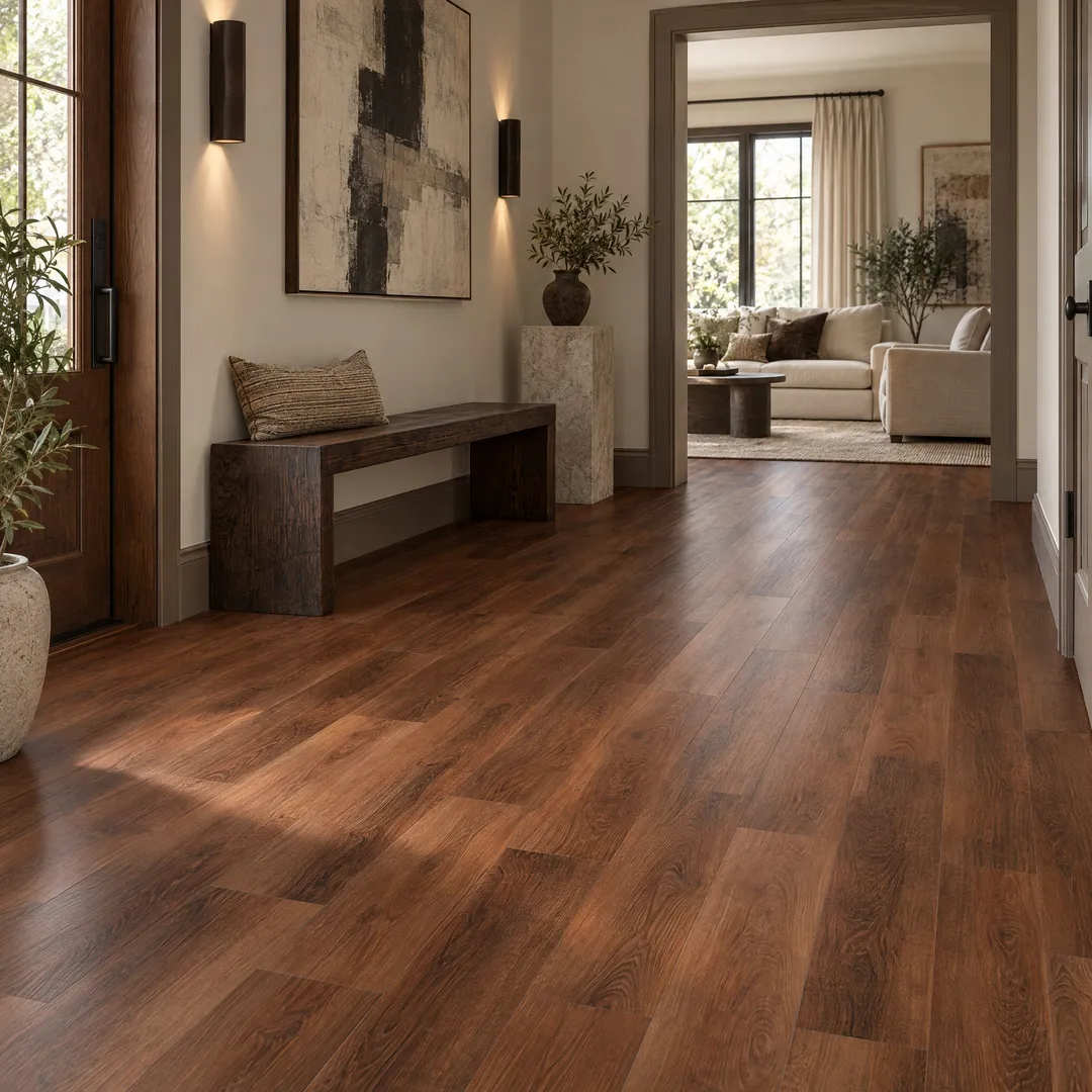 CALI Pro Classic Saddlewood 5.5-mm x 7-in W x 48-in L Waterproof Interlocking Luxury Vinyl Plank Flooring (23.77-sq ft/case), in a room, photo 2 of 2