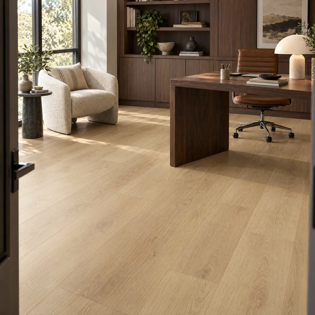 CALI Vinyl Longboards Sandbar Oak 9-in W x 8-mm T Waterproof Luxury Vinyl Plank Flooring, 26.62-sq ft/Box, in a room, photo 2 of 2