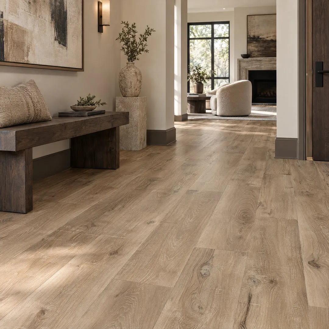 CALI Longboards Seaboard Oak Brown 20-mil x 9-in W x 70-in L Waterproof Interlocking Luxury Vinyl Plank Flooring (26.62-sq ft/ Carton), in a room, photo 2 of 2