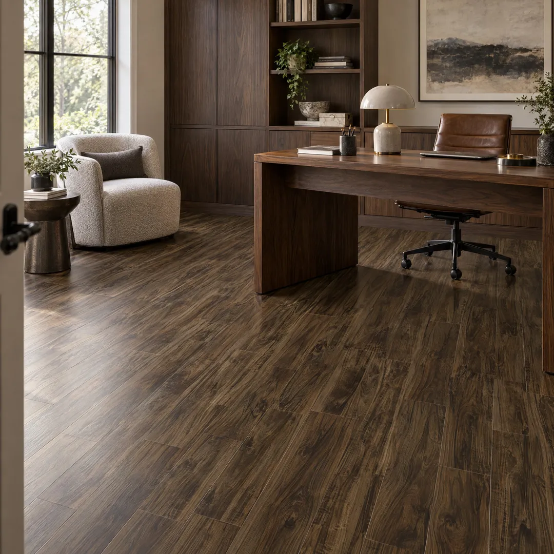 CALI Pro Classic Walnut Creek 5.5-mm x 7-in W x 48-in L Waterproof Interlocking Luxury Vinyl Plank Flooring (23.77-sq ft/case), in a room, photo 2 of 2
