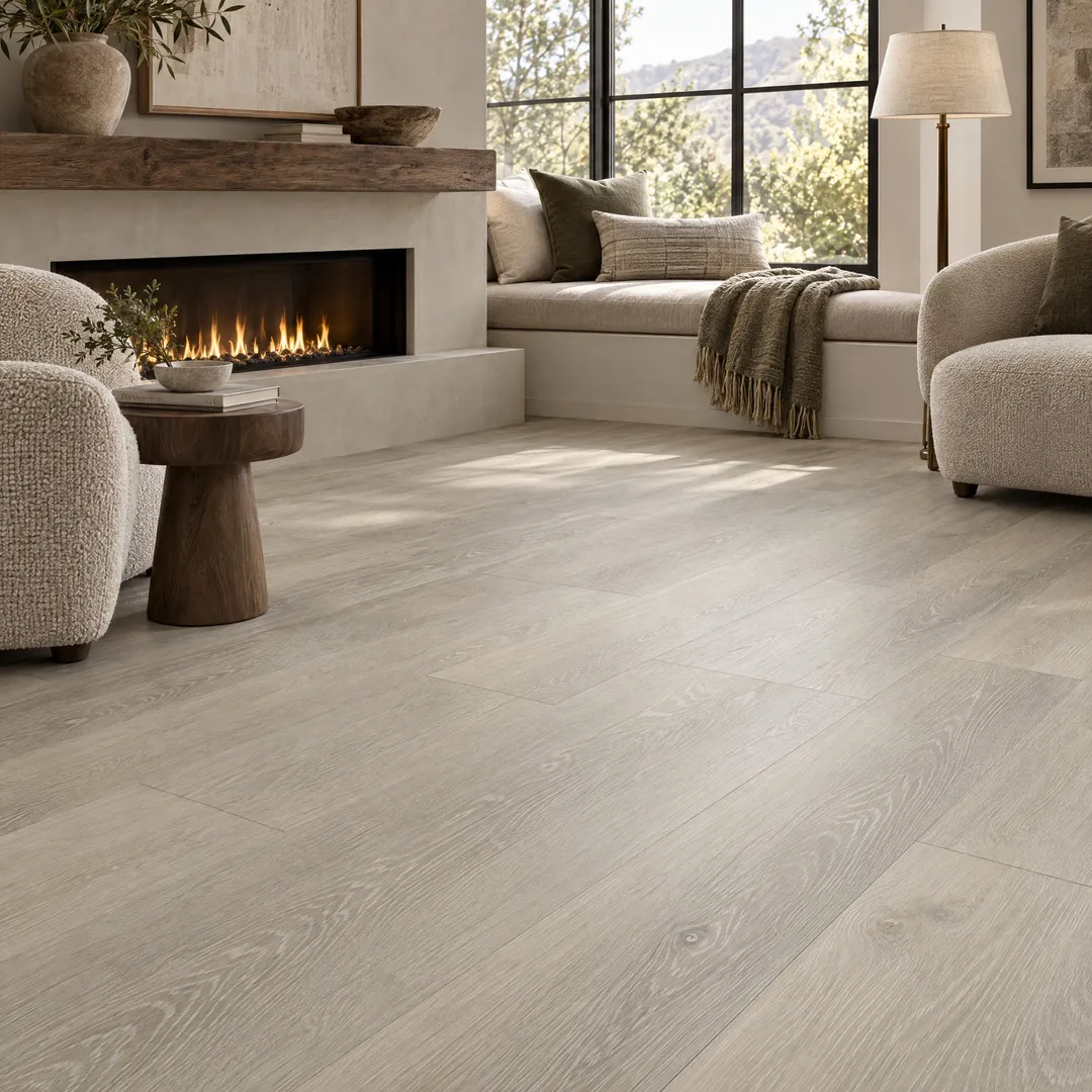 CALI Longboards Whitewater Oak 8-mm x 9-in W x 70-in L Waterproof Interlocking Luxury Vinyl Plank Flooring (26.62-sq ft/case), in a room, photo 2 of 2