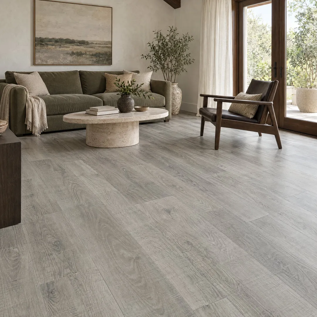CALI Longboards Windswell Hickory 8-mm x 9-in W x 70-in L Waterproof Interlocking Luxury Vinyl Plank Flooring (26.62-sq ft/case), in a room, photo 2 of 2