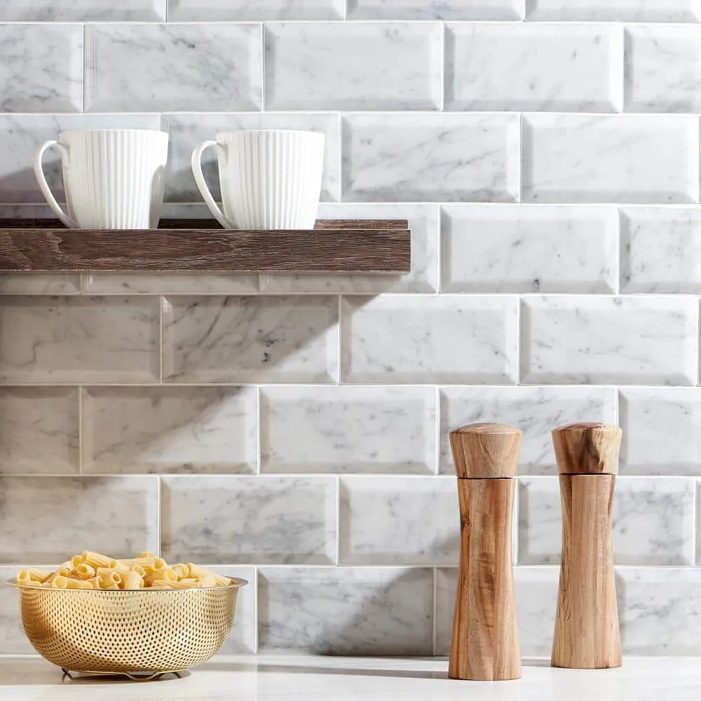 Ivy Hill Tile White Carrara Beveled 3 in. x 6 in. x 9mm Polished Marble Subway Tile (40 Pieces, 5 Sq. Ft. Per Box), photo 2 of 8
