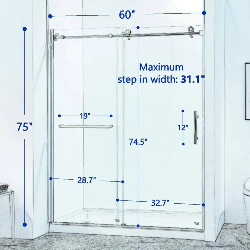 CASAINC 56-60 in. W x 75 in. H Single Sliding Semi-Frame 304 Stainless Steel Shower Door in Chrome with 5/16 in. Clear Glass, photo 8 of 8