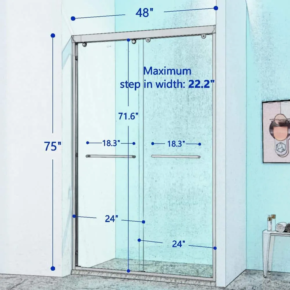 CASAINC 44-48 in. W x 75 in. H Double Sliding Aluminum Alloy Frame Shower Door in Chrome with 5/16 in. Clear Glass, photo 7 of 7