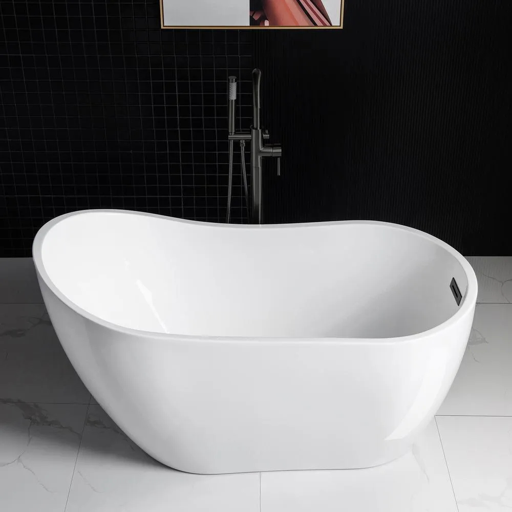 WOODBRIDGE Lannion 54 in. Acrylic Freestanding Single Slipper Flat Bottom Soaking Bathtub with Drain and Overflow, White, photo 5 of 7