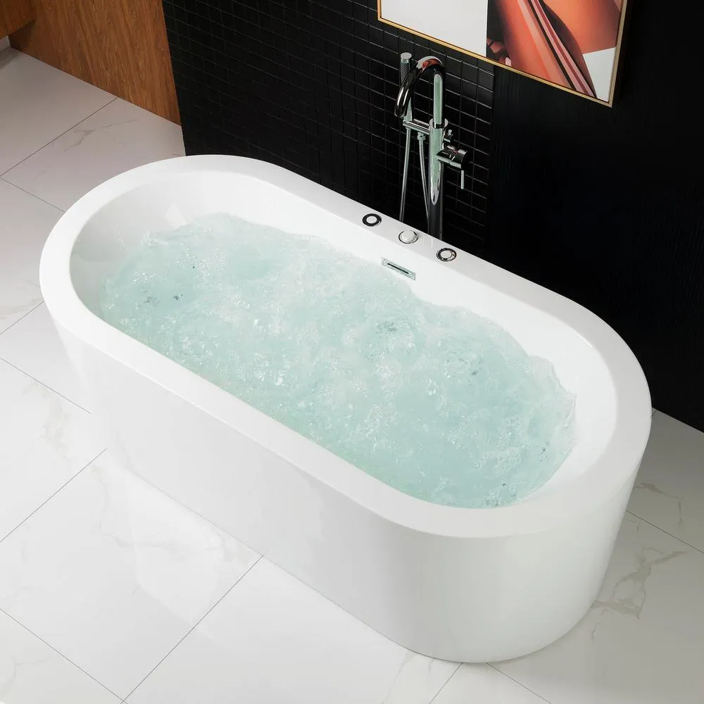 WOODBRIDGE Bologna 67 in. Acrylic Freestanding Whirlpool & Air Bathtub with Drain and Overflow, White, photo 3 of 20