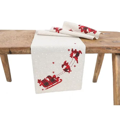 15 × 70 in Applique Tartan Santa Sleigh With Reindeers Christmas Table Runner