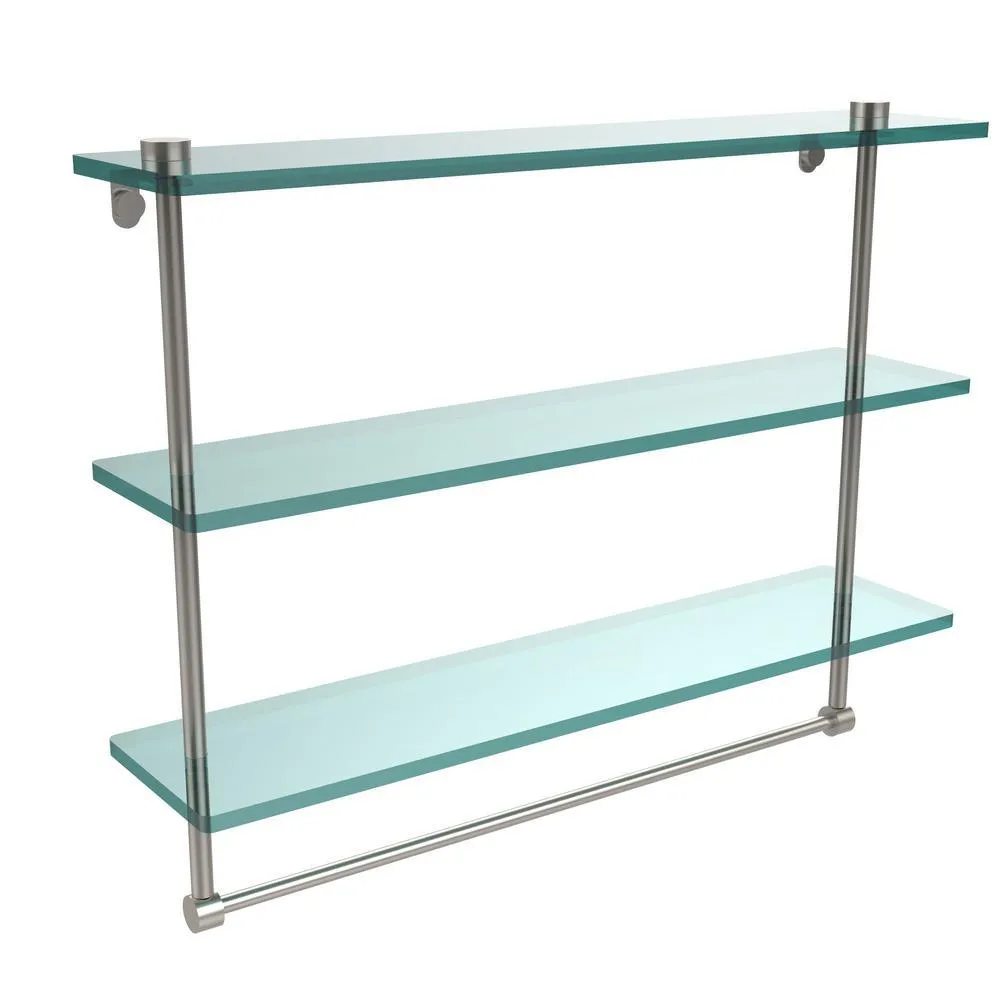 Allied Brass 22 in. L x 18 in. H x 5 in. W 3-Tier Clear Glass Bathroom Shelf with Towel Bar in Satin Chrome, photo 7 of 16