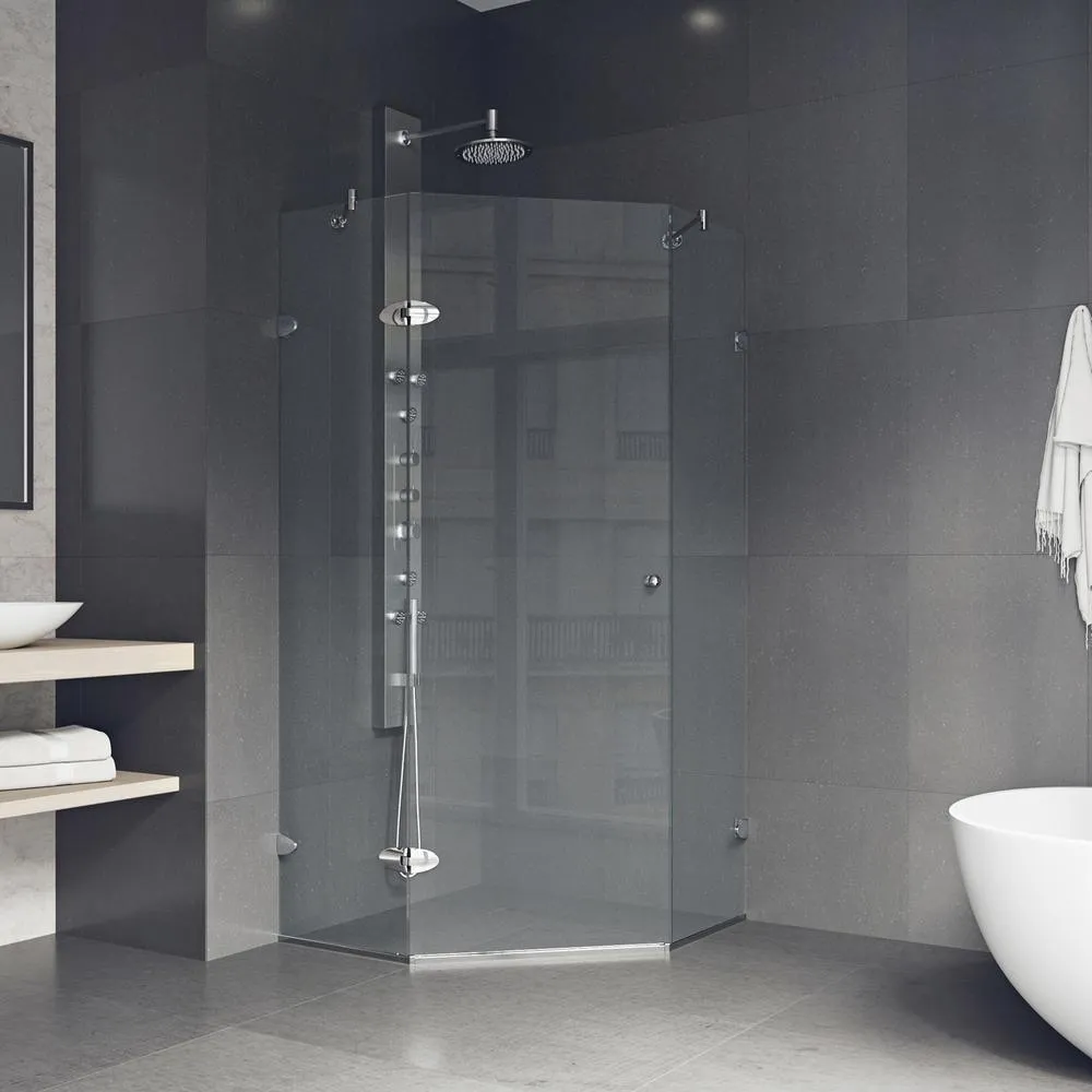 Verona 36.125 in. x 73.375 in. Frameless Neo-Angle Hinged Corner Shower Enclosure in Chrome with Clear Glass, photo 4 of 10